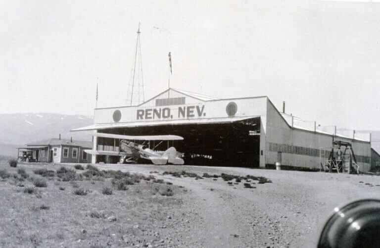 Historic black and white photo of aircraft in Reno.