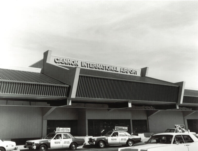Historic photo of Cannon International Airport exterior.