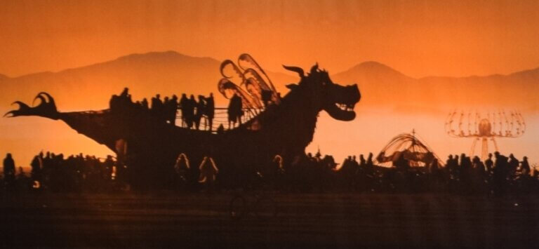 Dragon-like Burning Man vehicle.