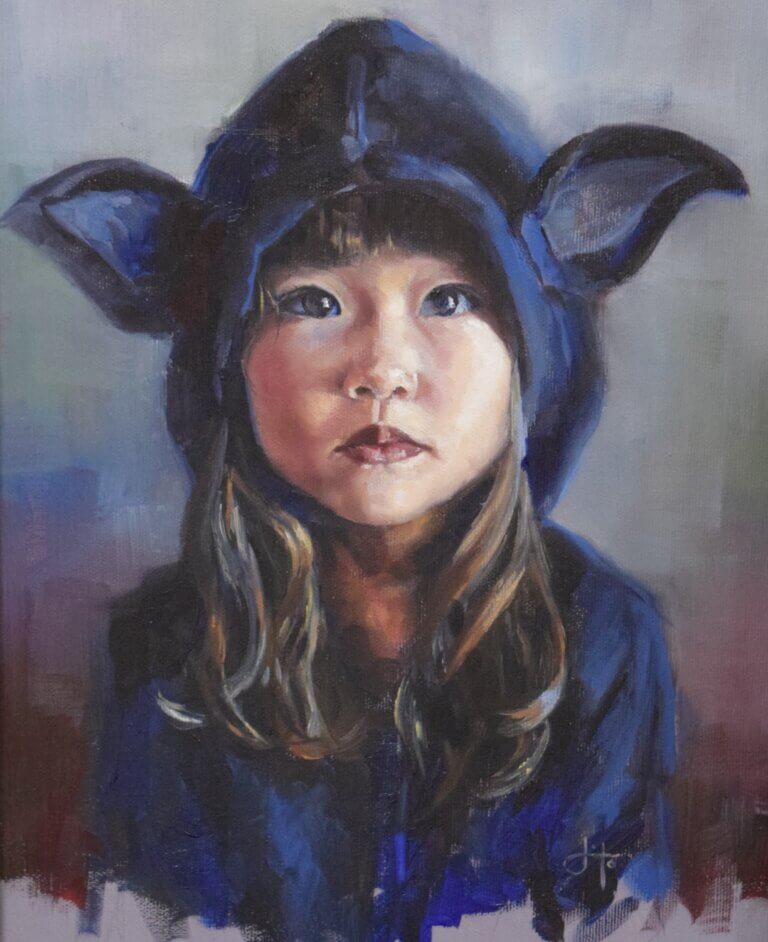 Painting of child wearing a bat-like hood.