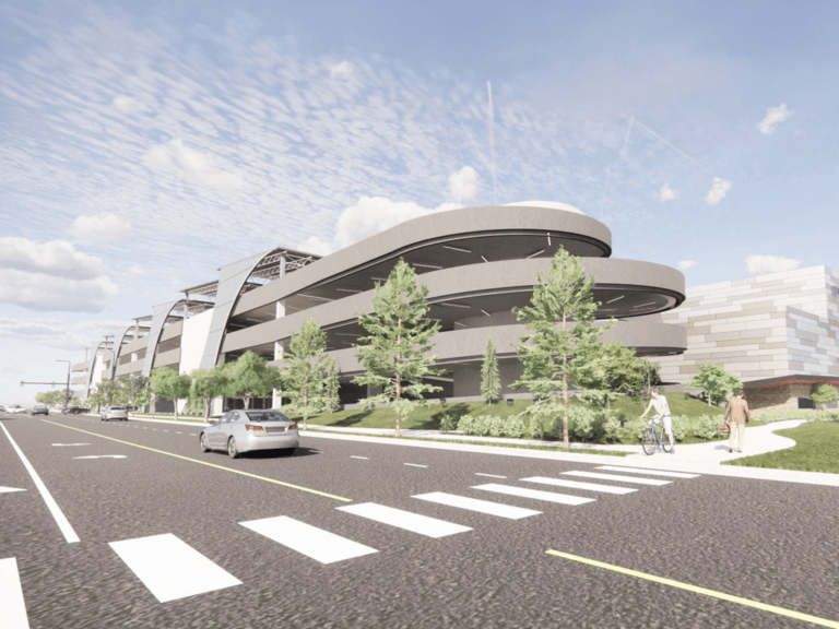 Ground Transportation Center exterior rendering with curved architectural elements.