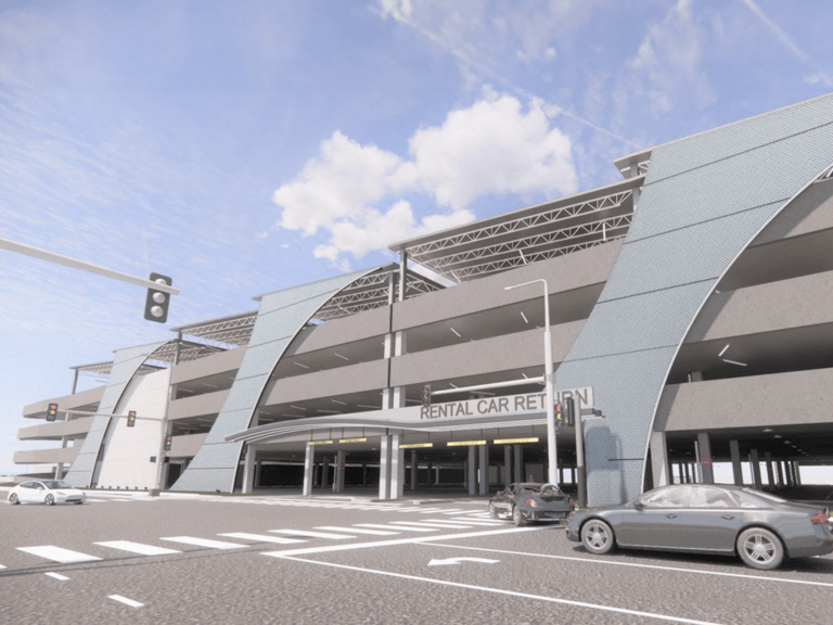 Car Rental Return and Ground Transportation Center exterior rendering.