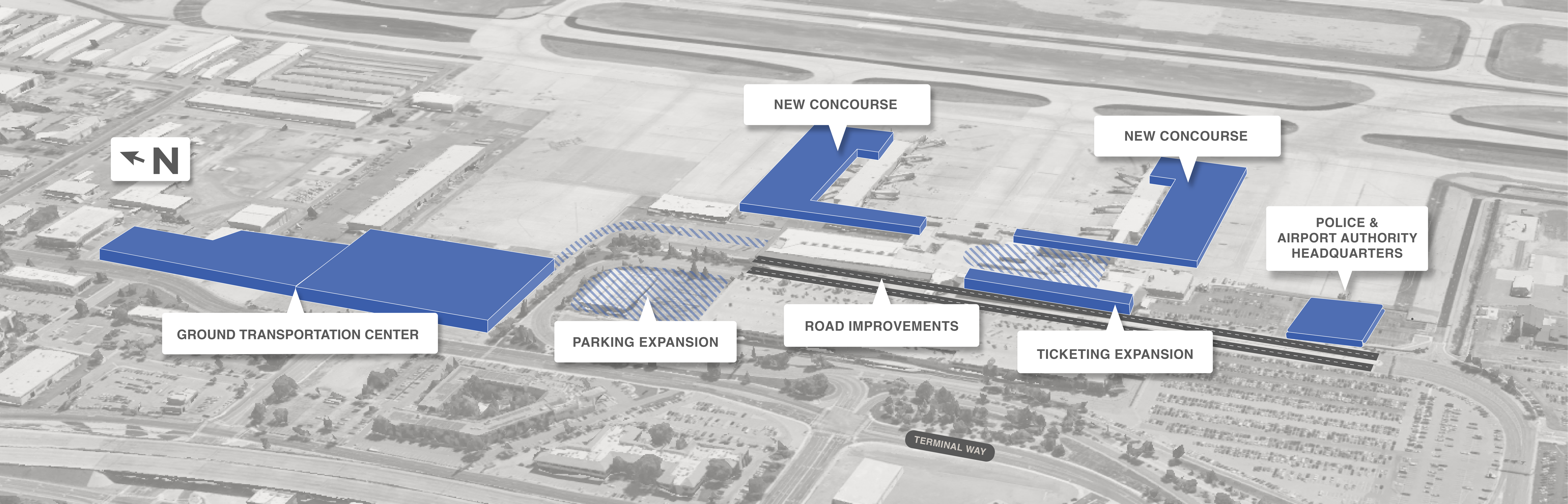 Aerial map of airport with seven areas annotated for construction projects.