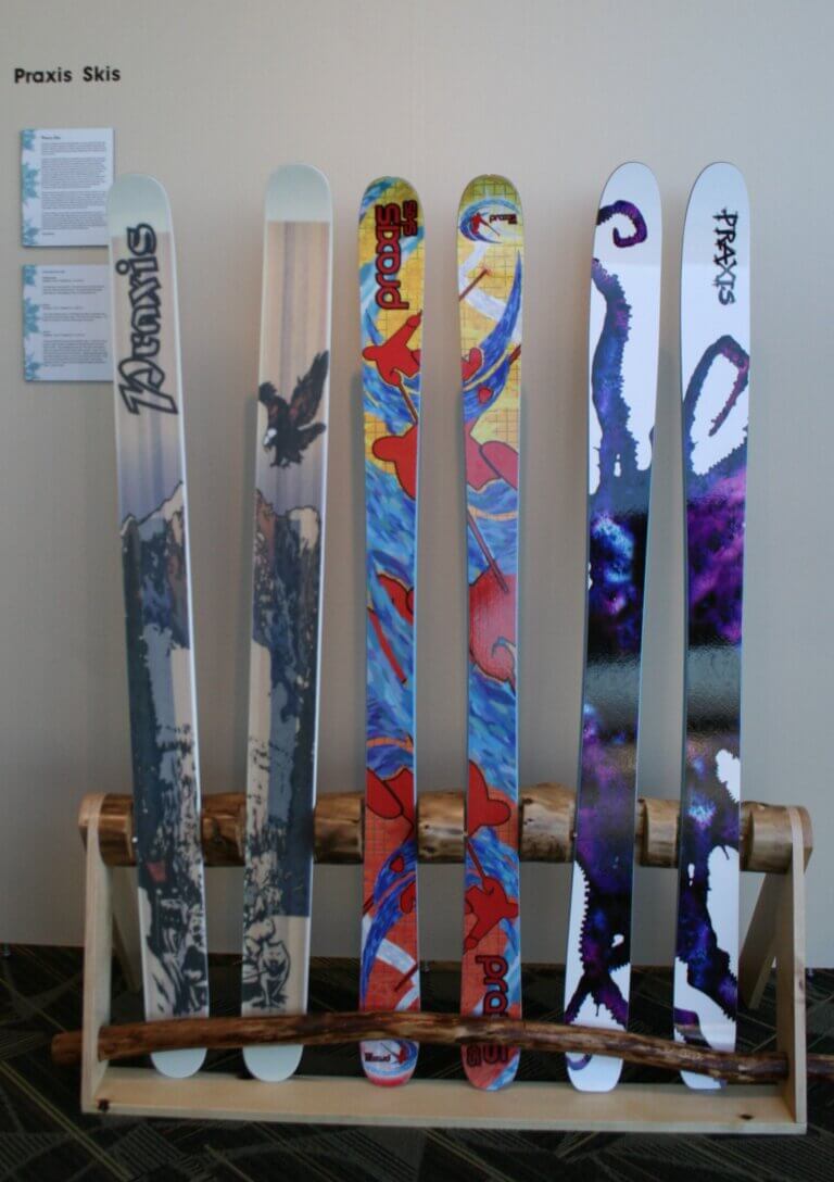 Skis displayed for Winter Inspired Ski Lake Tahoe Exhibit.