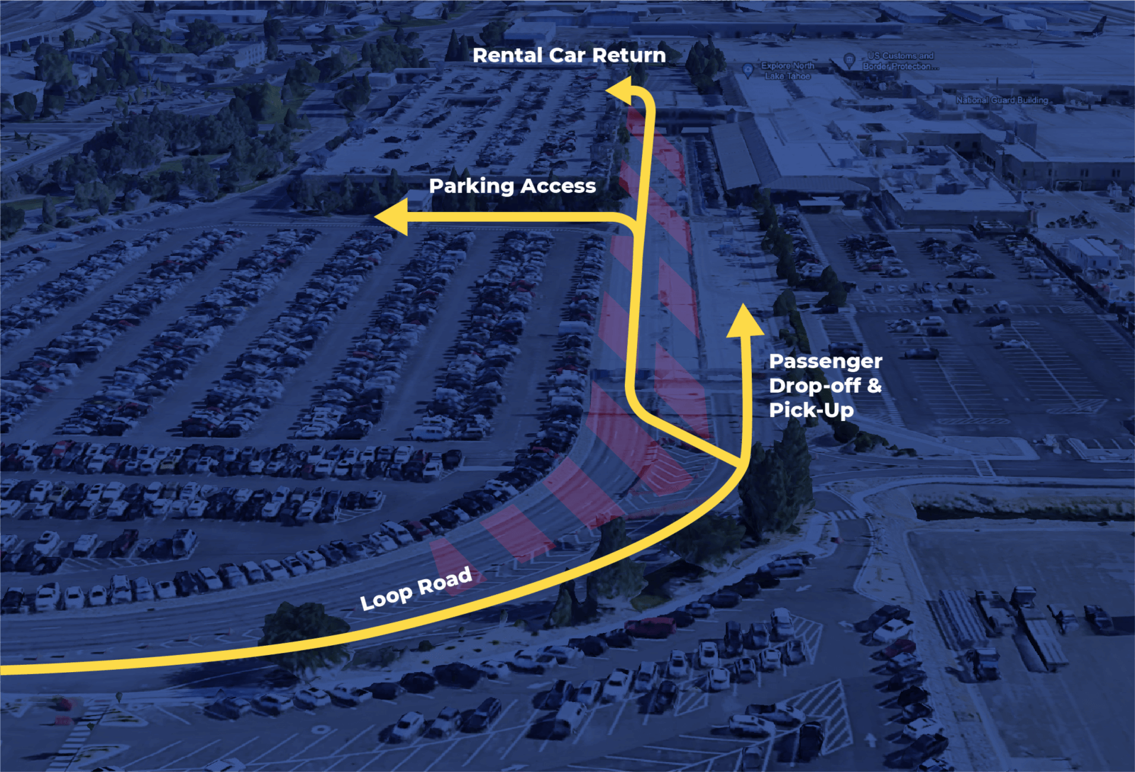 Construction map showing pathways for parking and rental car returns