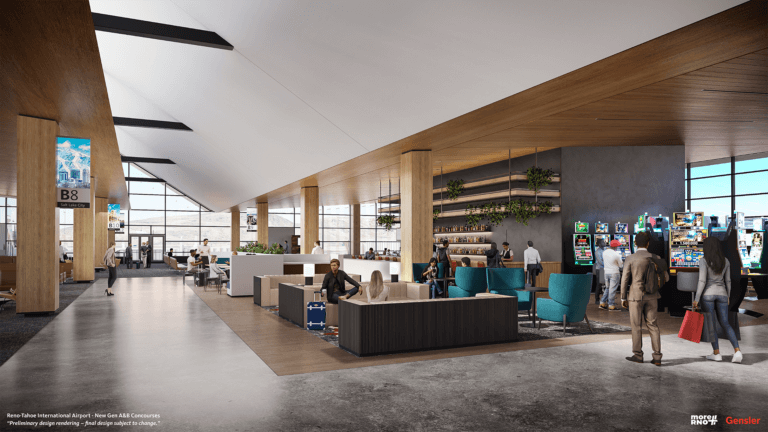 Interior rendering of an airport terminal with restaurant seating