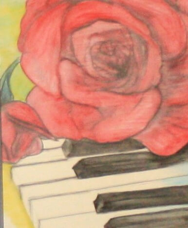 Employee Art Show piece featuring flower and piano.