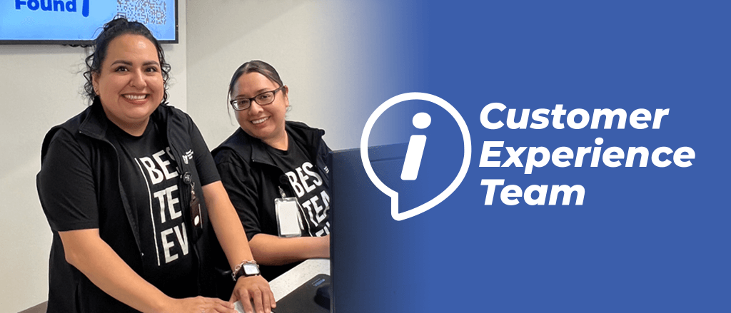 Two Customer Experience Team employees smiling. Photo displays Customer Experience Team logo.