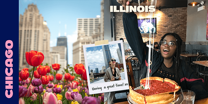 Image split between a Chicago landscape of buildings and tulips and a girl in a restaurant with pizza.