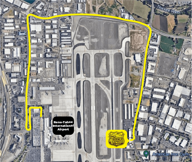 Map of directions from Reno-Tahoe International Airport to Burner Express.