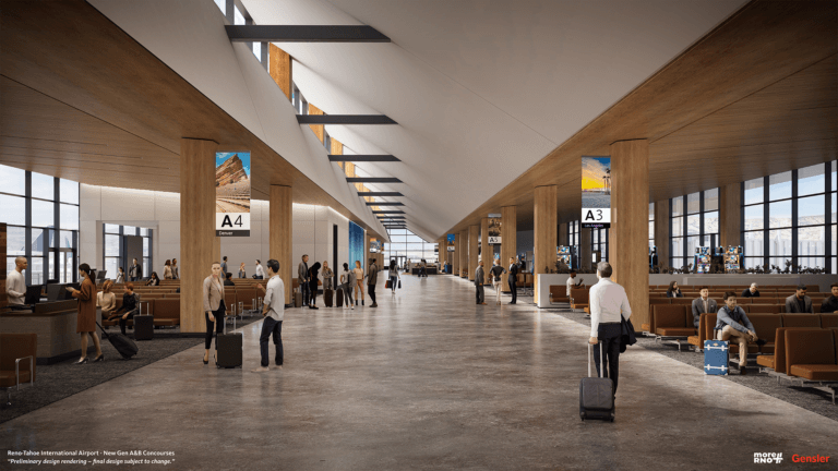 Rendering and internal view of the circulation path in the concourse