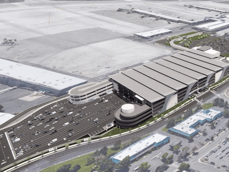 Rendering and aerial view of the new Ground Transportation Center