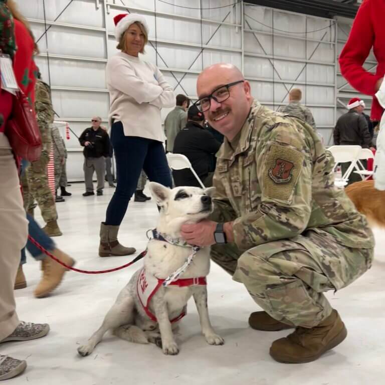 Nevada Air National Gard member petting a therapy dog