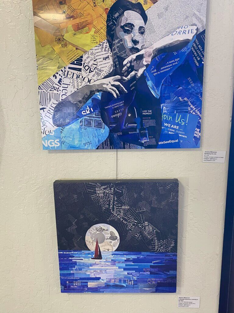 Artwork created in a collage style with clippings of words. One piece is a figure folding their arms with their elbows pointed out, another piece is a sailboat floating with the moon in the background.