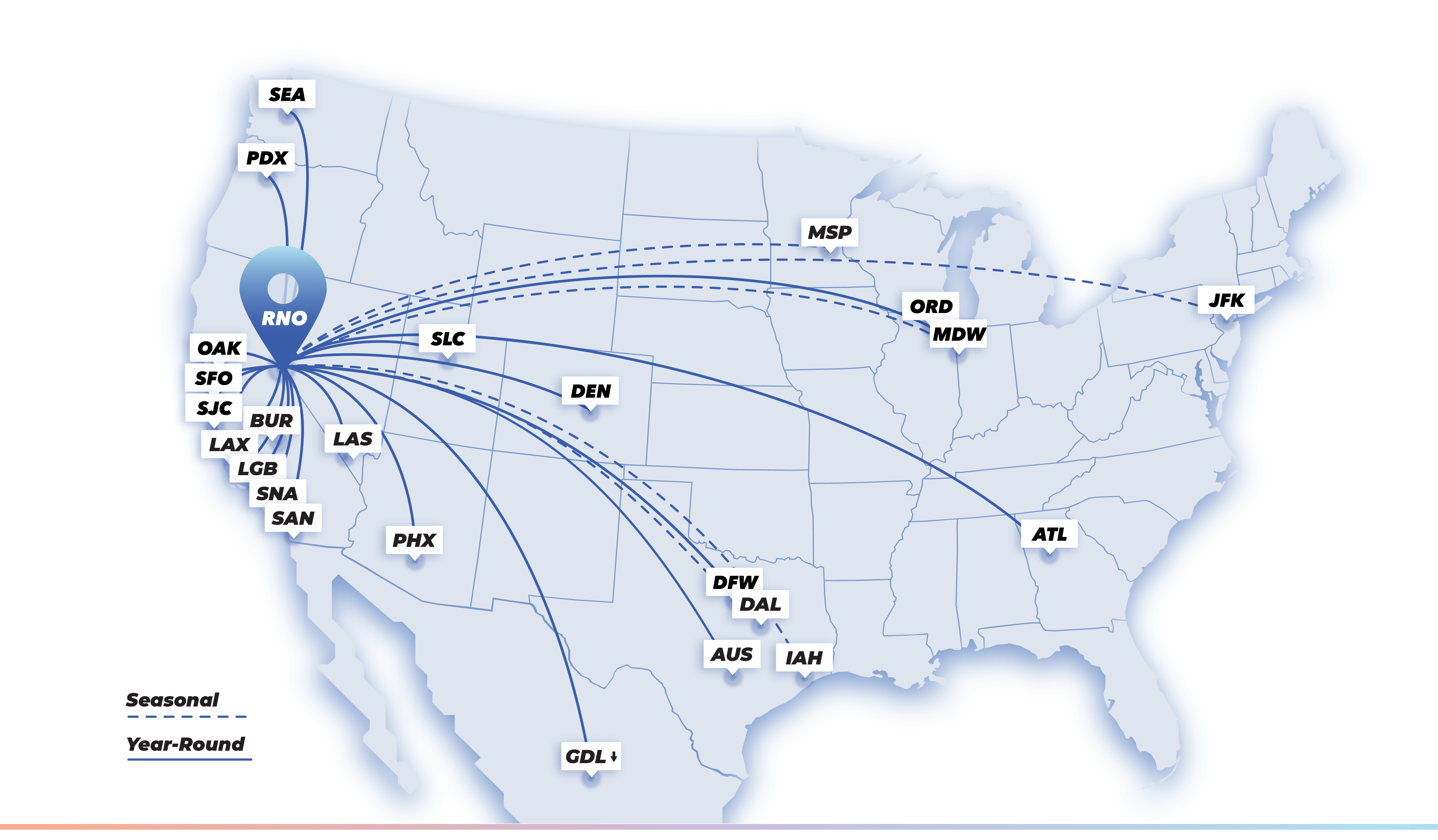 Map of destinations with all flights originating in Reno and branching out to US and Mexico