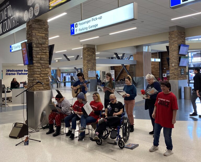 Local Vocals performing for Valentine's Day at RNO near the ski statue.