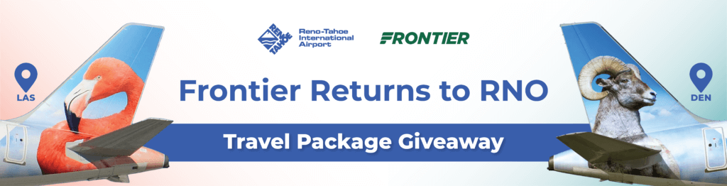 Graphic with text Frontier returns to RNO Travel package giveaway