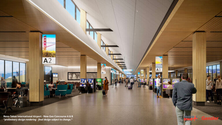 Rendering of the walking path in the new concourses with high ceilings, natural light and more space.