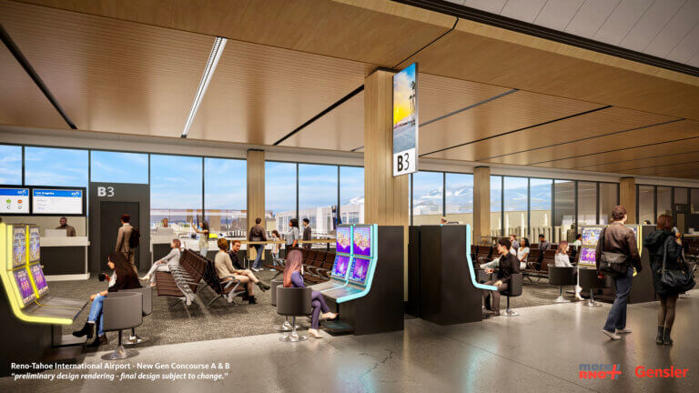 Rendering of the concourse showing the new gate lounge with seating options and gaming experience.