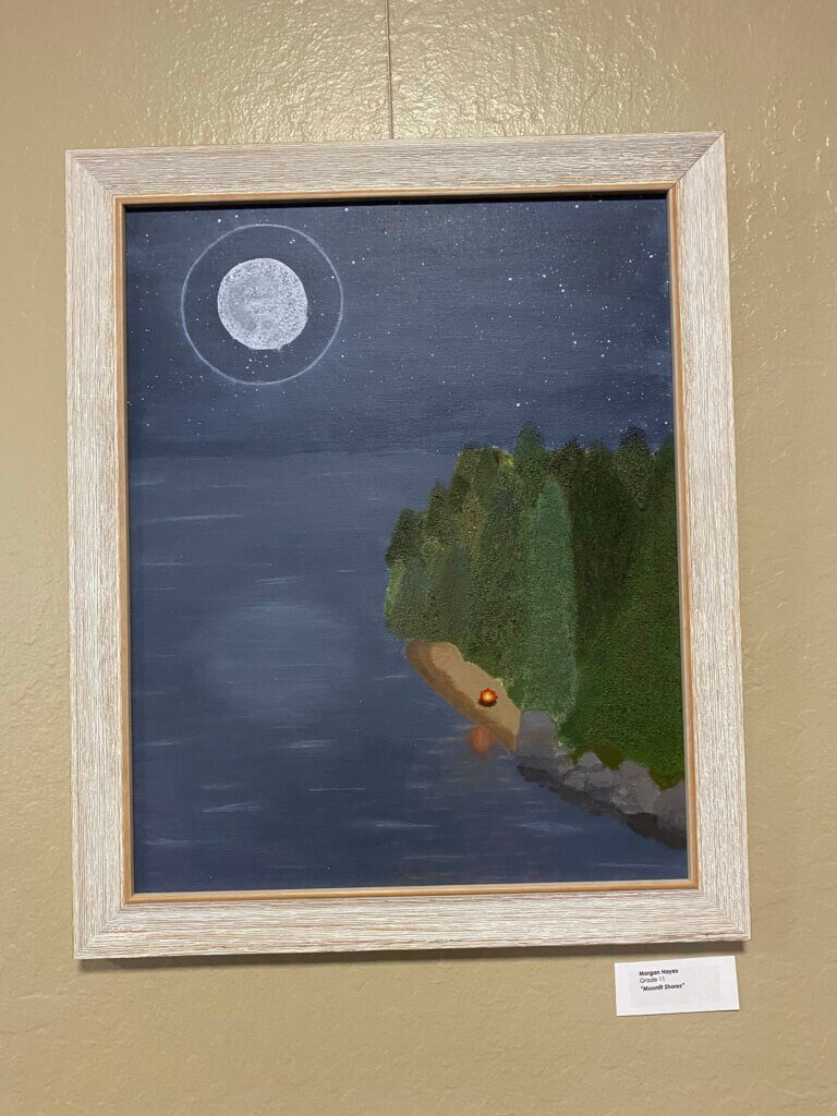 Painting of a lake with a campfire and a moon.