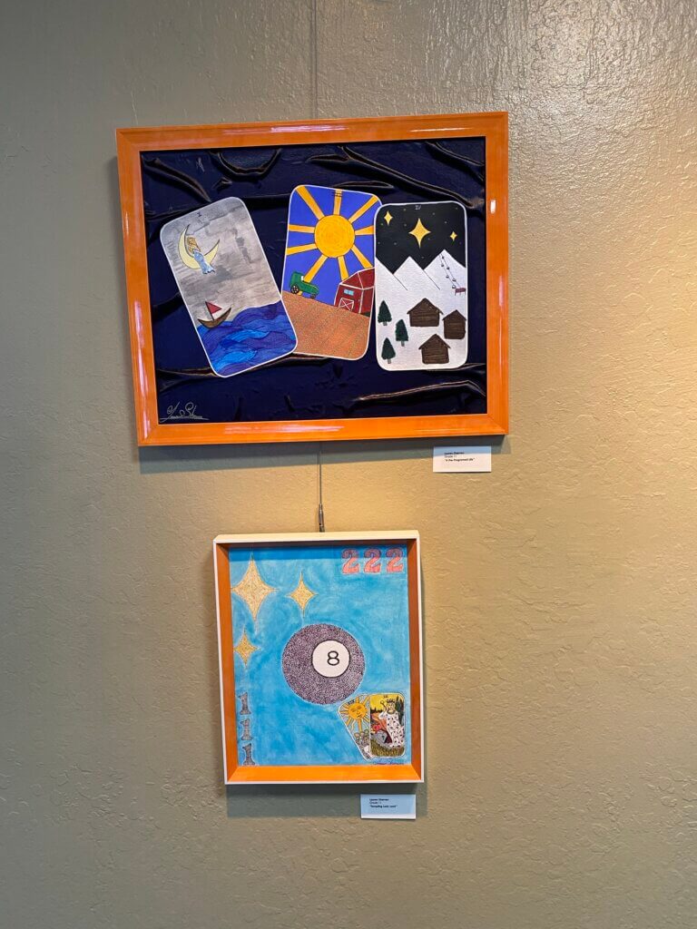 Two artworks featuring a pool ball and cards.